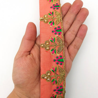 Orange Art Silk Trim In Green And Gold Embroidery, Approx. 32mm wide, Decorative Trim